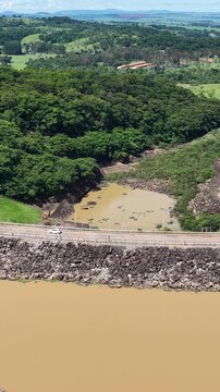 Euclides Da Cunha Hydroelectric In Sao Jose Do Rio Pardo Sao Paulo Brazil. Drone Capturing The Hydroelectric Producing Clean Energy.