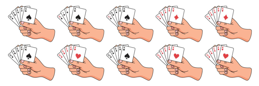 Card game hands icons featuring people holding playing cards shuffling and dealing decks for casino leisure and entertainment design