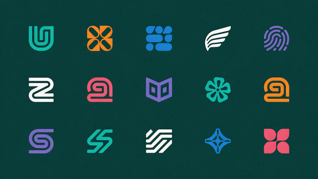 Modern minimalist abstract logo icons collection in a grid layout on a dark green background with abstract minimalist template collection branding creative identity illustration business