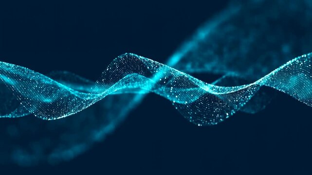 Abstract Blue Particle Wave Flowing on Dark Background for Technology and Big Data Concept