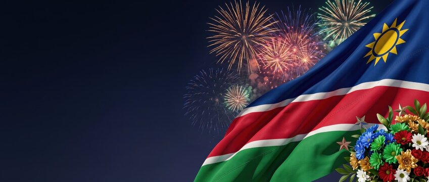 Waving flag of namibia with a golden sun symbol, set against a dark night sky illuminated by colorful exploding fireworks and a decorative bouquet of flowers in the corner