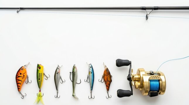 Professional Fishing Tackle Set with Colorful Lures and Golden Baitcasting Reel on White Background for Angling