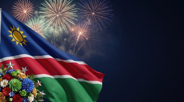 Waving flag of namibia with a yellow sun emblem, featuring a colorful bouquet of flowers in the foreground and bright fireworks exploding against a dark night sky background