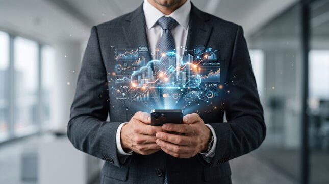 Businessman in suit holding smartphone with futuristic holographic cloud computing interface, digital data analysis charts, global growth graphs, innovation technologys