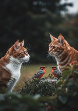 A Forest Glimpse: Feline Fascination and Feathered Friends