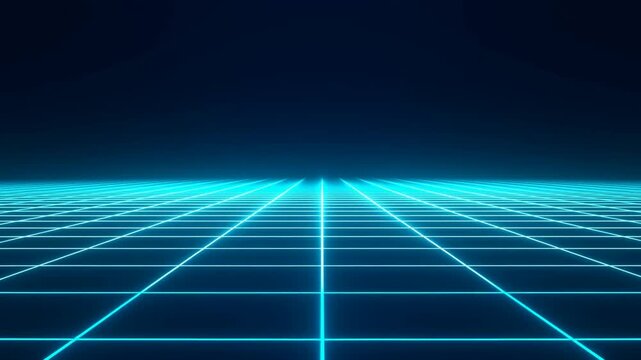 Blue neon perspective grid floor with dark background retro cyberpunk style