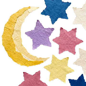 Vibrant cut paper crescent moon and scattered stars in a charming, handmade collage art style.