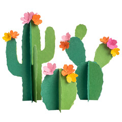 Artistic paper-cut cacti with cheerful pink, orange, and yellow paper flowers, isolated on a transparent background. © Nicole