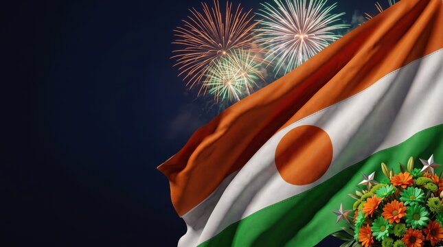 Waving flag of niger with horizontal orange, white, and green stripes, featuring a central orange circle, set against a dark night sky with bright colorful fireworks and floral accents