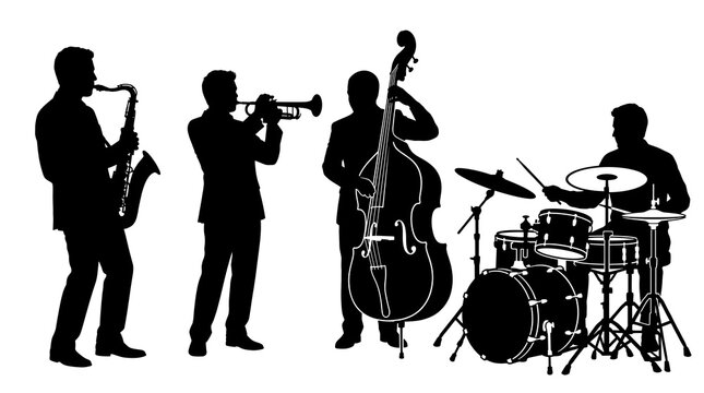 Jazz Band Silhouette Playing Music with Saxophone, Trumpet, Double Bass, and Drums Vector