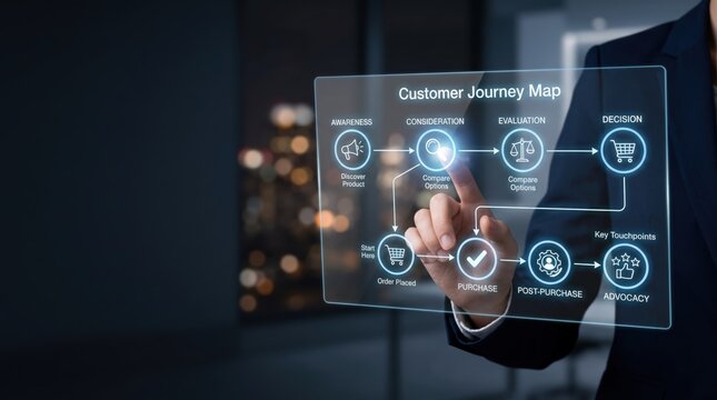 Businessman interacting with futuristic holographic customer journey map interface, digital marketing strategy and user experience analysis concept