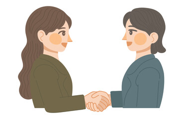 Obraz premium 笑顔で握手をする2人の女性会社員のイラスト