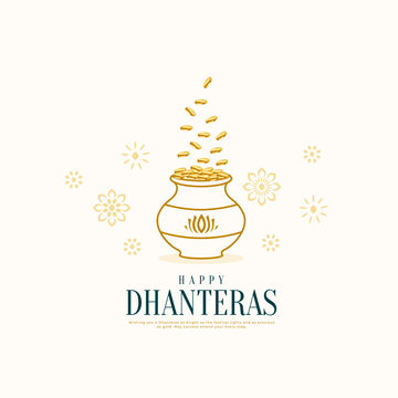 minimalist happy dhanteras wishes card with line art golden coin pot