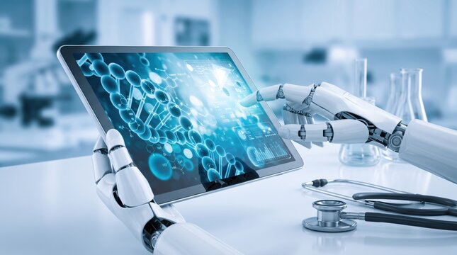 Robotic artificial intelligence hands holding tablet displaying molecular structure and chemical formula, advanced medical technology and pharmaceutical research innovation