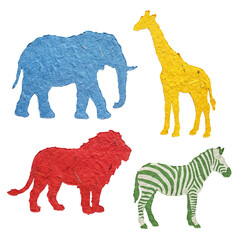 Naklejka premium Colorful textured paper cutouts of an elephant, giraffe, lion, and zebra, isolated on a transparent background.
