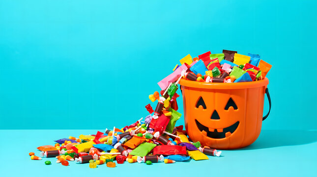 Orange Pumpkin Bucket Overflowing With Colorful Halloween Candy