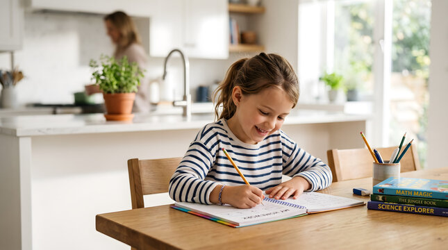Happy Student Studying With Mom In The Kitchen
