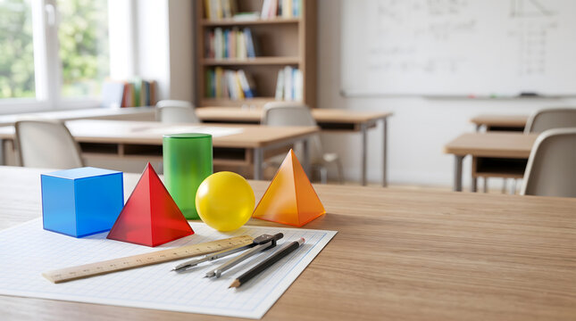 Colorful geometric shapes and math tools in modern classroom