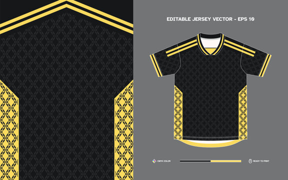 Editable Black and Gold Geometric Pattern Soccer Jersey Vector Design with CMYK Color Ready for Print and Customization