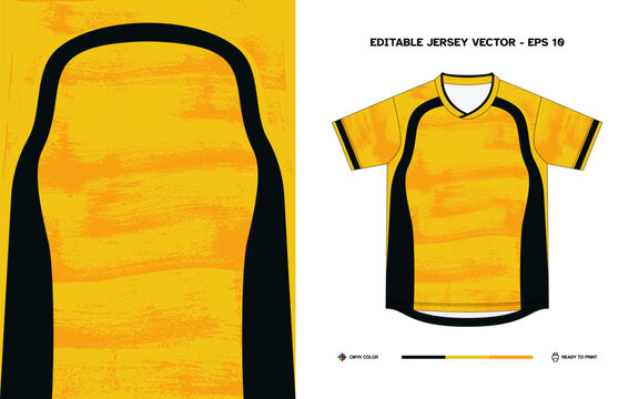 Editable Vector Yellow Brush Stroke Soccer Jersey with Black Trim for Customizable Team Apparel Design and Print Ready EPS 10 File