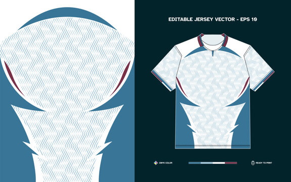 Editable Vector Soccer Jersey Template with Blue Chevron Pattern and Red Accents for Custom Team Designs Ready to Print EPS 10 File