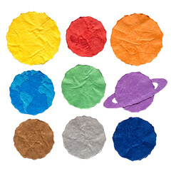 Set of nine colorful paper cutout planets and celestial bodies, including Earth and Saturn, for science. © Glenn