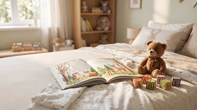 Cozy Kids Bedroom with Teddy Bear and Open Storybook