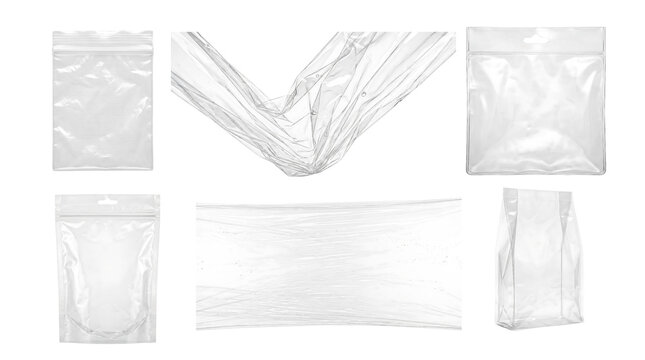 Set of empty clear plastic zipper bags and pouches for product packaging mockup isolated