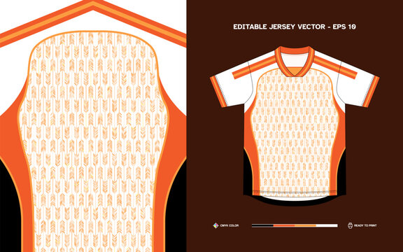 Editable Vector Sports Jersey with Bold Orange and White Chevron Pattern for Custom Team Apparel Design and Printing