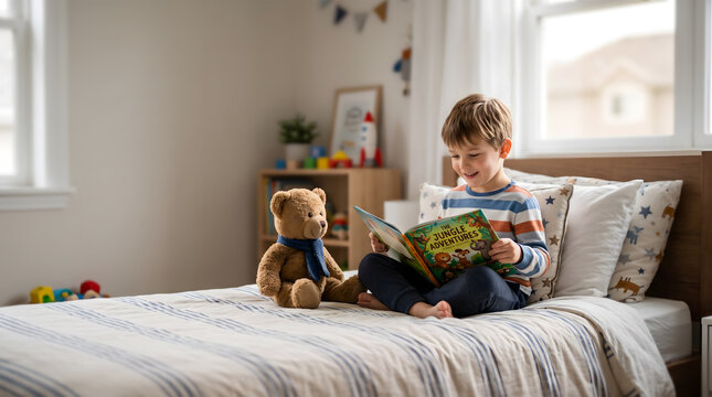 Happy boy reading storybook next to teddy bear companion