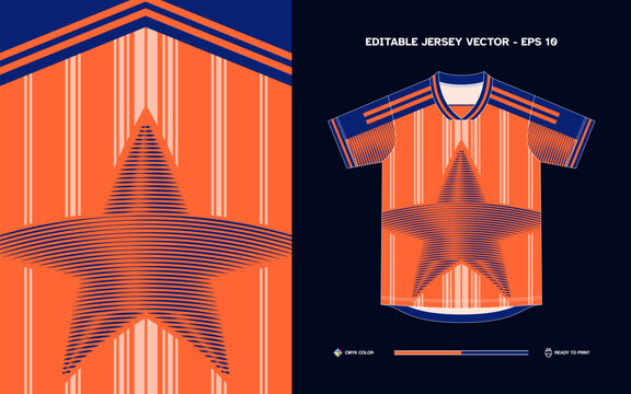 Editable Vector Soccer Jersey with Bold Orange and Blue Stripe Pattern Ready to Print EPS 10 File for Custom Team Apparel Design