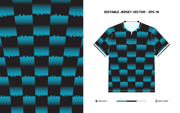 Editable Vector Abstract Wavy Checkered Jersey Design with Blue and Black Gradient for Custom Sports Apparel and Team Uniforms