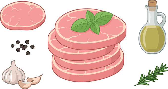 Raw beef steaks stack with cooking ingredients oil garlic black pepper and rosemary vector illustration