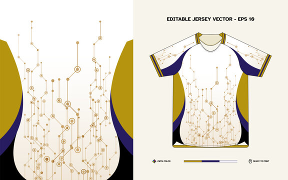 Editable Vector EPS 10 White Circuit Pattern Sports Jersey with Gold Blue and Yellow Accents Ready for Customization and Printing