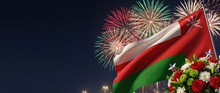 Waving flag of oman with white, red, and green stripes, featuring the national emblem, set against a dark night sky filled with colorful bursting fireworks and a floral bouquet in the foreground