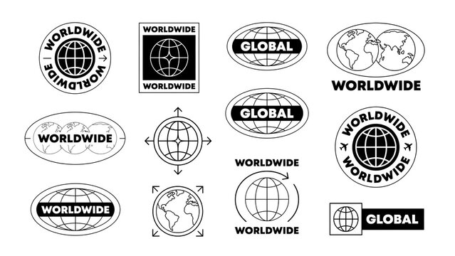 Collection of black and white globe and worldwide symbol stamp logo designs with worldwide business international corporate branding identity navigation logotype