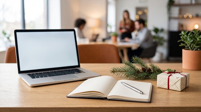 Young professionals planning holiday business strategy with laptop and notebook on wooden desk