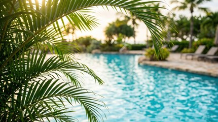 Fototapeta premium Tropical swimming pool surrounded by lush green palm leaves and resort lounge chairs, summer vacation, serene water surface reflecting sunlight, luxury holiday destination