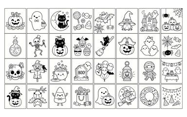 Obraz premium A collection of cute hand drawn black and white doodle illustrations for a fun festive halloween celebration design