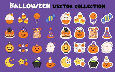 Fototapeta premium A comprehensive collection of cute halloween vector stickers featuring pumpkins ghosts candy and spooky holiday themed icons
