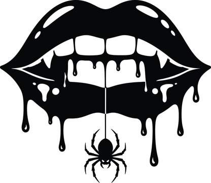 Spooky Vampire Lips Vector with Fangs and Dripping Black Liquid, Featuring a Hanging Spider Illustration for Gothic Halloween T-Shirt Designs, Decals, and Creepy Art Prints.