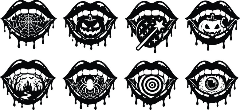 Halloween Vampire Lips Bundle with Fangs and Spooky Symbols. Jack-o'-lantern, Spider, Haunted House, and Eyeball inside Dripping Mouths. Vector SVG Graphic Set for T-shirts and Stickers.
