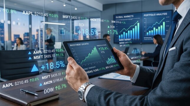 Trader using tablet to monitor stock market investments in modern office, financial data overlays showing ROI and portfolio growth, global markets analysis, business professional
