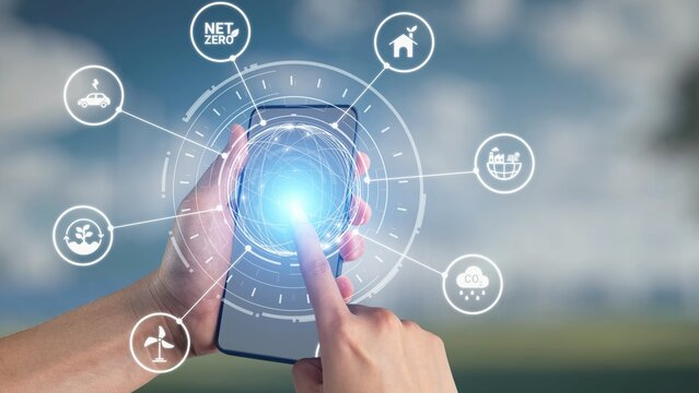 Net zero and sustainability concepts with environmental balance, digital sustainability icons, green energy goals, and eco-conscious digital business transformation for the future. Gist
