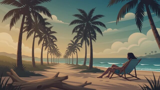 Tropical Beach Vacation Serenity: Woman Relaxing in Deck Chair Under Palm Trees Overlooking Ocean at Sunset