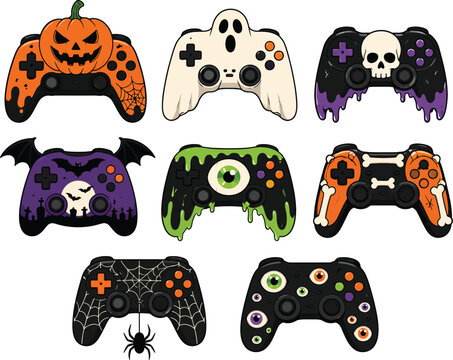 Halloween Video Game Controller Vector Set - Spooky Gaming Illustration Featuring Pumpkin Ghost Skull Bat Eyeball Slime and Spiderweb Designs for Gamer Fans and Events