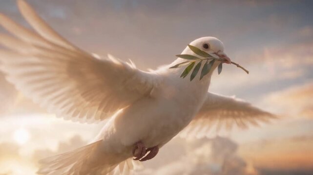 White dove flying with an olive branch against a golden sunset sky