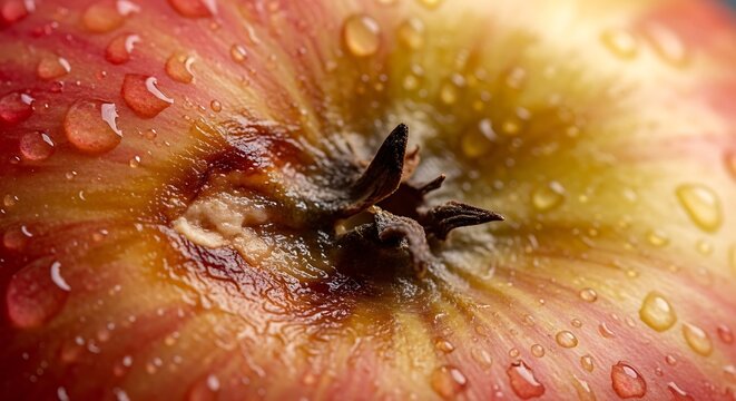 Macro view of fresh red apple skin with dew drops, moisture