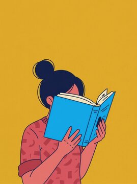 Minimalist Illustration of a Young Woman Engrossed in Reading a Blue Book Against a Vibrant Yellow Background