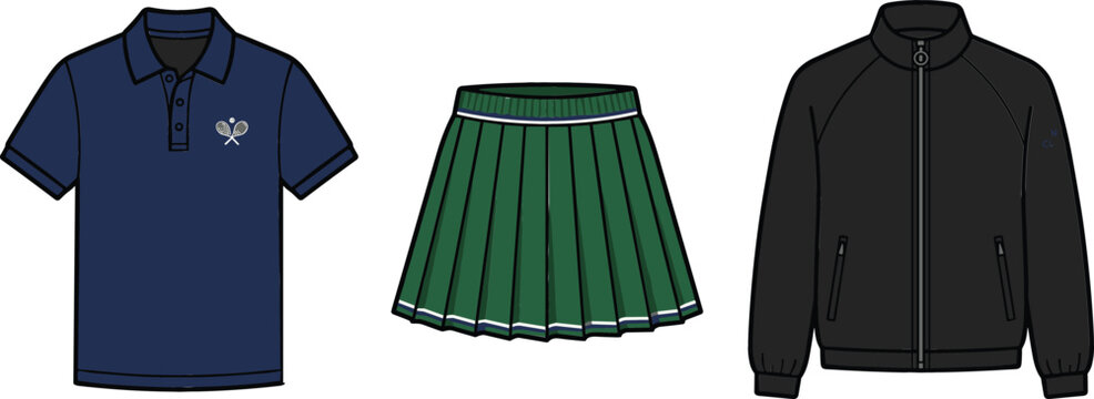 Tennis Sportswear Fashion Vector Mockup Set Featuring Navy Polo Shirt Pleated Green Skirt and Black Zip Up Jacket Illustrations for Activewear Apparel Templates